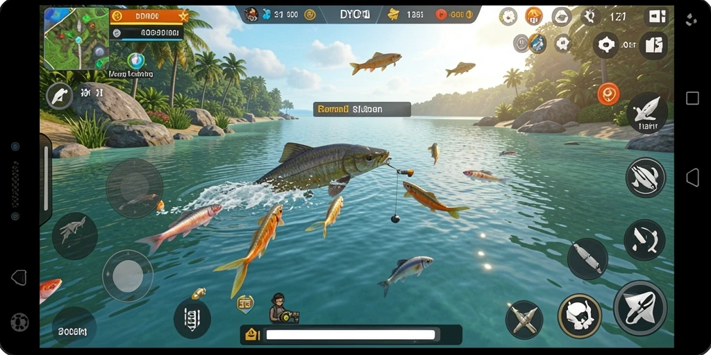 Screenshot gameplay DYO1 menunjukkan aksi memancing yang seru dan mendebarkan.