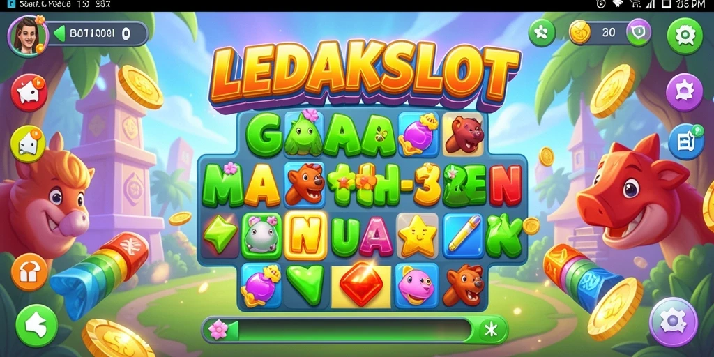 Menampilkan gameplay seru LEDAKSLOT dengan tantangan Match-3.