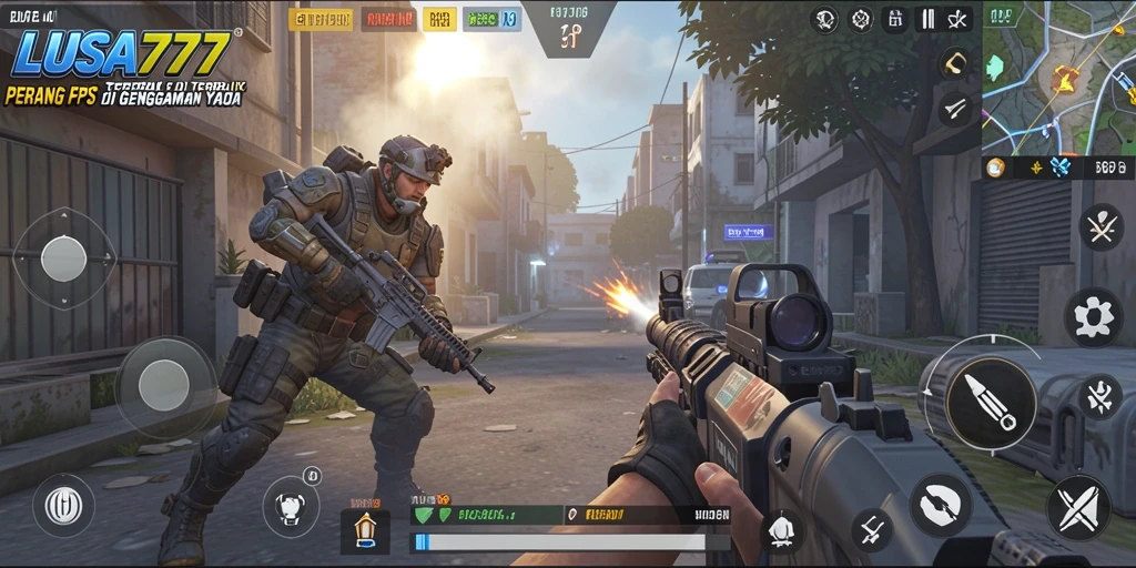 Screenshot menunjukkan aksi menegangkan dalam perang FPS LUSA777.