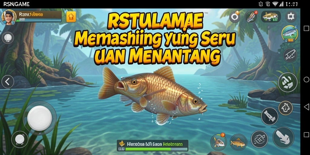 Menampilkan gameplay RSNGAME yang menarik saat memancing di danau.