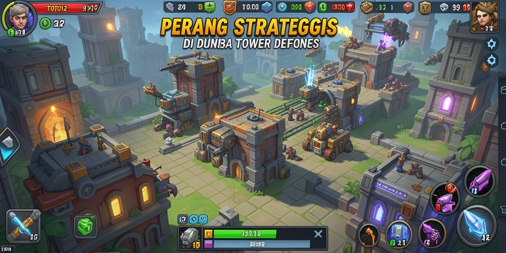 Screenshot gameplay TOTO12 dengan menara yang berdiri kokoh melawan musuh.
