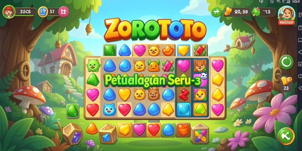 Screenshot ZOROTOTO menampilkan keseruan permainan Match-3 yang penuh warna.